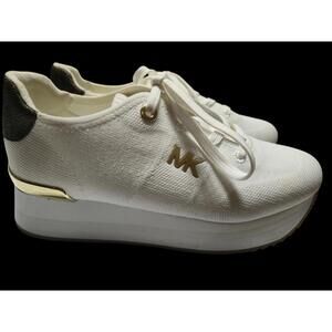 Michael Kors White/Gold Monique Knit Trainers Lace up Retro Running Sneaker NWOT